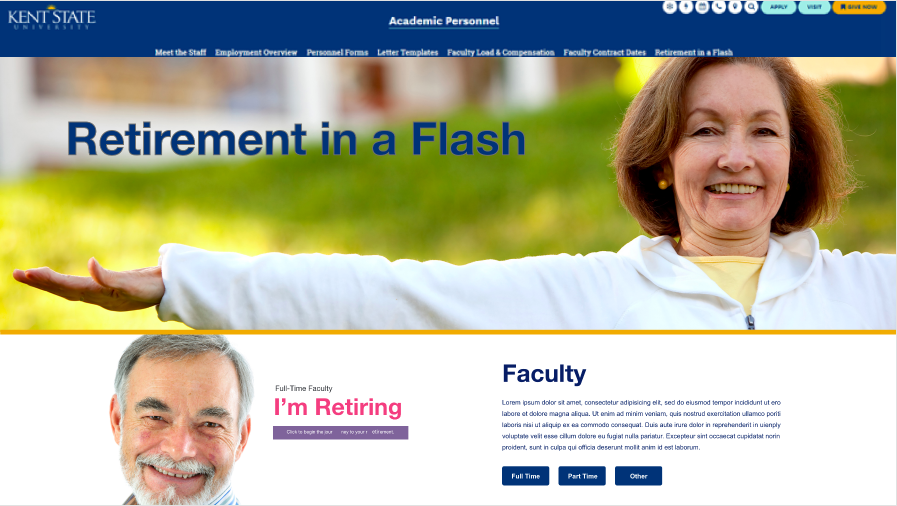 Screen Shot of a mock-up of a retirement website for Kent State.